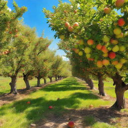 A vibrant apple orchard bathed in sunlight, filled with rows of apple trees laden with ripe, juicy apples. The vision is completed by a clear blue sky overhead and lush green grass underfoot.