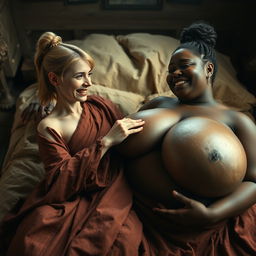 In a medieval bedroom, a scene depicts two women lying on a bed