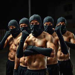 Un grupo de jóvenes hombres sin camiseta, mostrando sus físicos atléticos, con las caras cubiertas por pasamontañas negros que ocultan sus identidades