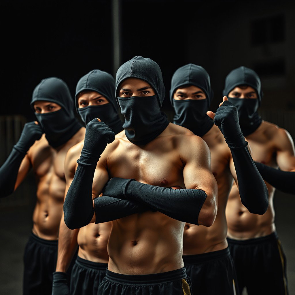 Un grupo de jóvenes hombres sin camiseta, mostrando sus físicos atléticos, con las caras cubiertas por pasamontañas negros que ocultan sus identidades