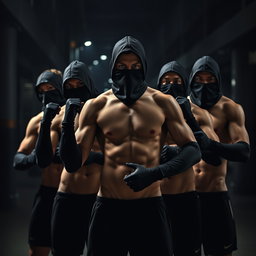 Un grupo de jóvenes hombres sin camiseta, mostrando sus físicos atléticos, con las caras cubiertas por pasamontañas negros que ocultan sus identidades
