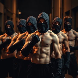 Un grupo de jóvenes hombres sin camiseta, mostrando sus físicos atléticos, con las caras cubiertas por pasamontañas negros que ocultan sus identidades