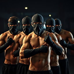 Un grupo de jóvenes hombres sin camiseta, mostrando sus físicos atléticos, con las caras cubiertas por pasamontañas negros que ocultan sus identidades