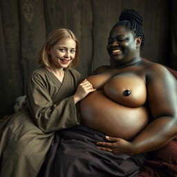 In a medieval bedroom, the scene depicts two women lying on a bed