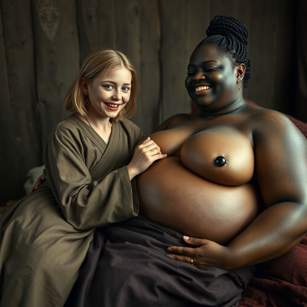 In a medieval bedroom, the scene depicts two women lying on a bed