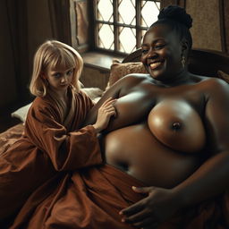 In a medieval bedroom, the scene depicts two women lying on a bed