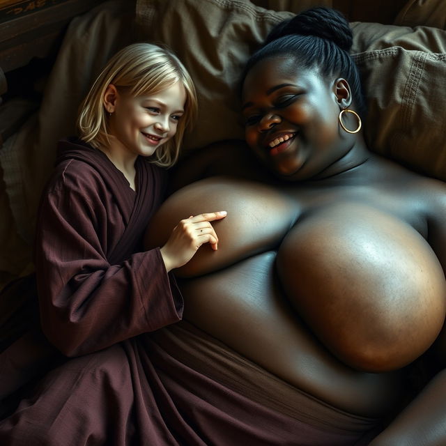 Lying in a medieval bedroom, a young blonde woman, notably small and malnourished with decayed teeth, is dressed in a long, fully closed Buddhist robe