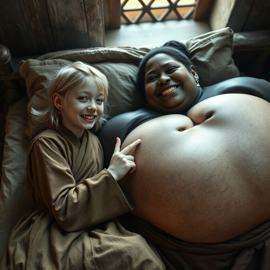 Lying on a medieval bed in a room, a young blonde woman, notably small and malnourished, displays decayed teeth and wears a long, fully closed Buddhist robe