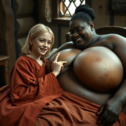 Lying on a medieval bed in a room, a young blonde woman, notably small and malnourished, displays decayed teeth and wears a long, fully closed Buddhist robe