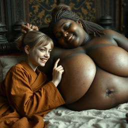 Lying on a medieval bed in a richly decorated medieval room, a young blonde woman, notably small and malnourished, displays decayed teeth and wears a long, fully closed Buddhist robe