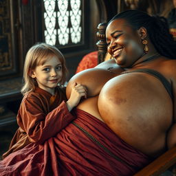 Lying on a medieval bed in a richly decorated medieval room, a young blonde woman, notably small and malnourished, displays decayed teeth and wears a long, fully closed Buddhist robe