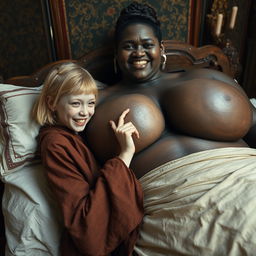 Lying on a medieval bed in a richly decorated medieval room, a young blonde woman, notably small and malnourished, displays decayed teeth and wears a long, fully closed Buddhist robe