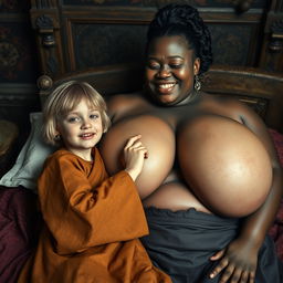 Lying on a medieval bed in a richly decorated medieval room, a young blonde woman, notably small and malnourished, displays decayed teeth and wears a long, fully closed Buddhist robe