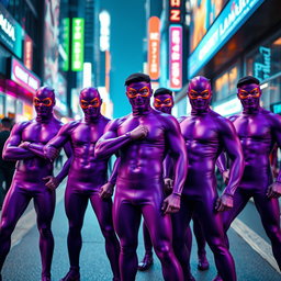 A vibrant scene featuring a group of men clad in sleek, form-fitting purple catsuits that accentuate their athletic builds