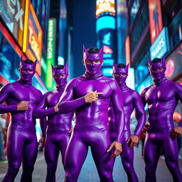 A vibrant scene featuring a group of men clad in sleek, form-fitting purple catsuits that accentuate their athletic builds