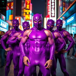 A vibrant scene featuring a group of men clad in sleek, form-fitting purple catsuits that accentuate their athletic builds