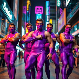 A vibrant scene featuring a group of men clad in sleek, form-fitting purple catsuits that accentuate their athletic builds