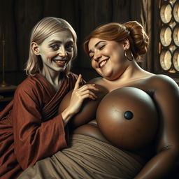 In a medieval room, two women are lying down together