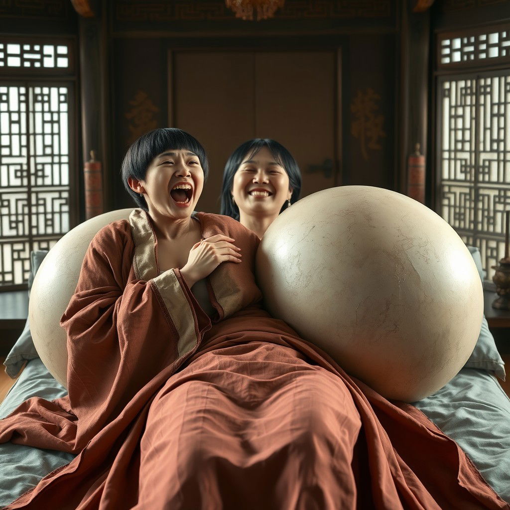 Lying on a medieval bed in a traditional Chinese medieval room, a young Chinese woman who is notably short and emaciated is depicted screaming loudly, dressed in a long, fully closed Buddhist cloak