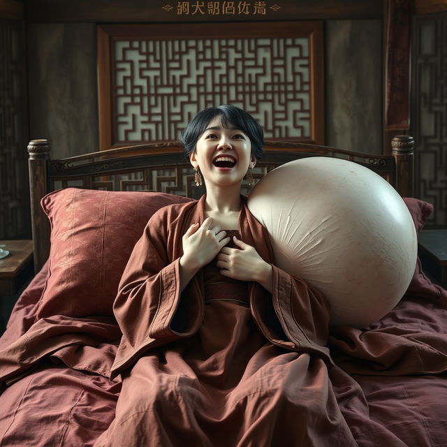 Lying on a medieval bed in a traditional Chinese medieval room, a young Chinese woman who is notably short and emaciated is depicted screaming loudly, dressed in a long, fully closed Buddhist cloak
