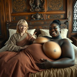 In a medieval bedroom, two women are lying on a grand bed