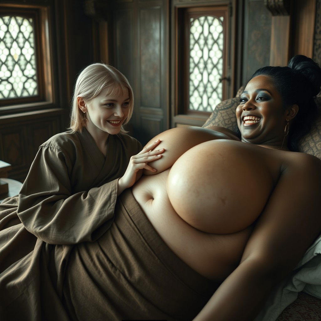 In a medieval bedroom, two women are lying on a grand bed