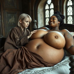 In a medieval bedroom, two women are lying on a grand bed