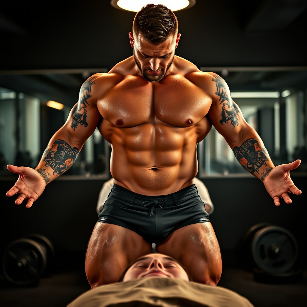 A muscular macho man, bare-chested, showcasing his strong physique and prison-themed tattoos