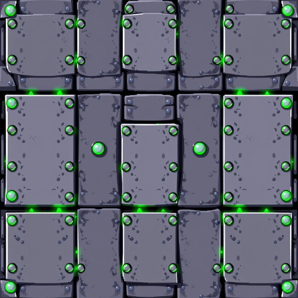 A wall made of metallic plates, adorned with rivets, featuring a green glow along the seams
