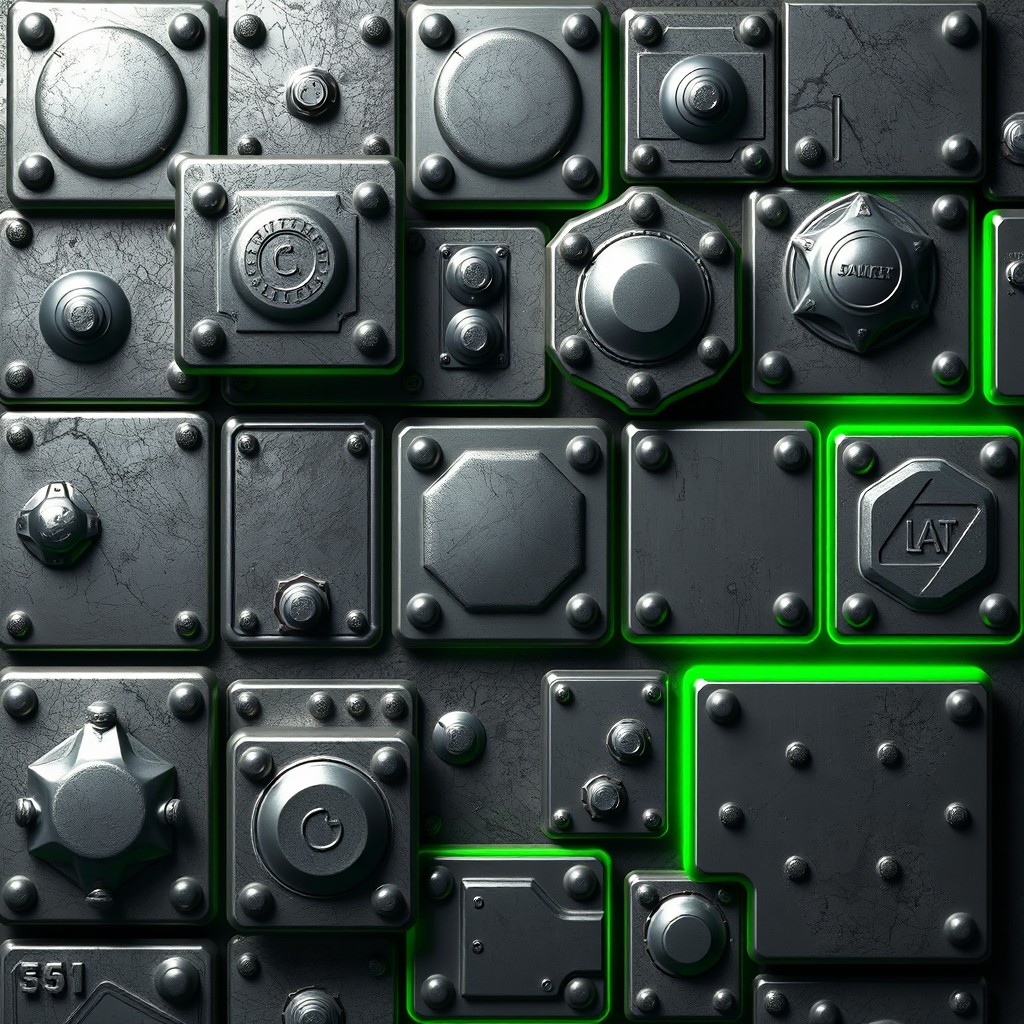A wall composed of metallic plates of various shapes and sizes, embellished with rivets, featuring a green glow along the seams