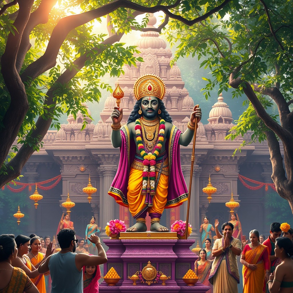 A vibrant and colorful depiction of Lord Vitthal, a revered deity in Hinduism, standing majestically on a pedestal with an ornate backdrop of traditional Indian temple architecture