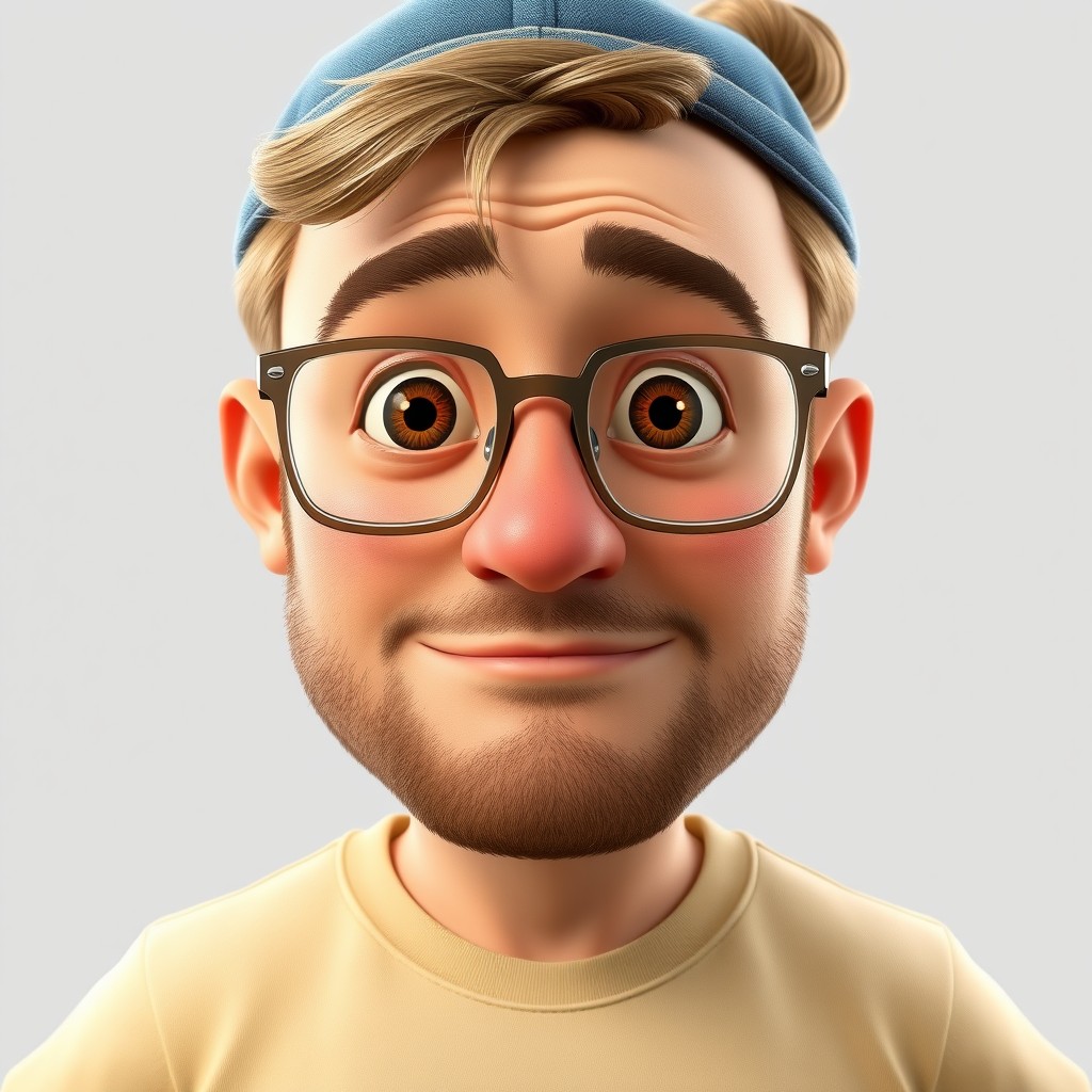 A Pixar-style animated male character, aged around 38, featuring light brown hair styled in a bun