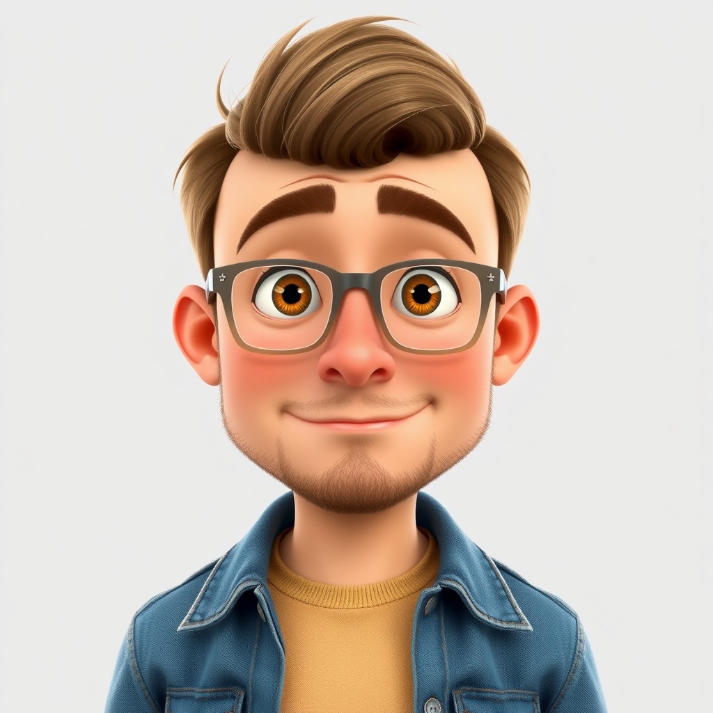 A Pixar-style animated male character, aged around 38, showcasing light brown hair styled in a bun