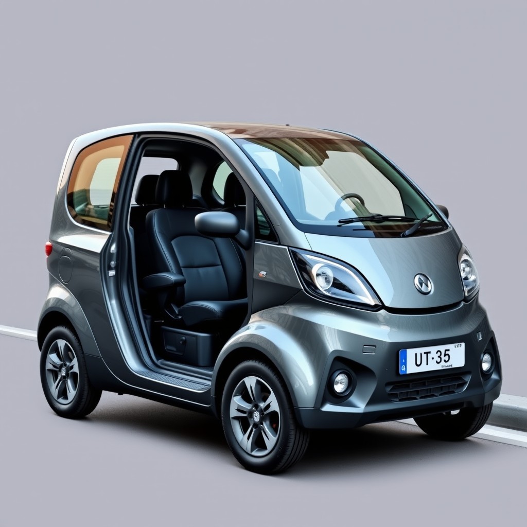 A modern and elegant city car, designed to comfortably seat five passengers, featuring a sleek body style and a metallic mouse gray color