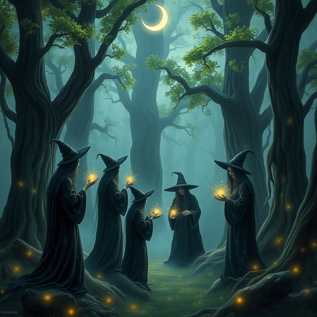 A mystical scene depicting witches gathering in an enchanted forest, surrounded by towering ancient trees with glowing foliage