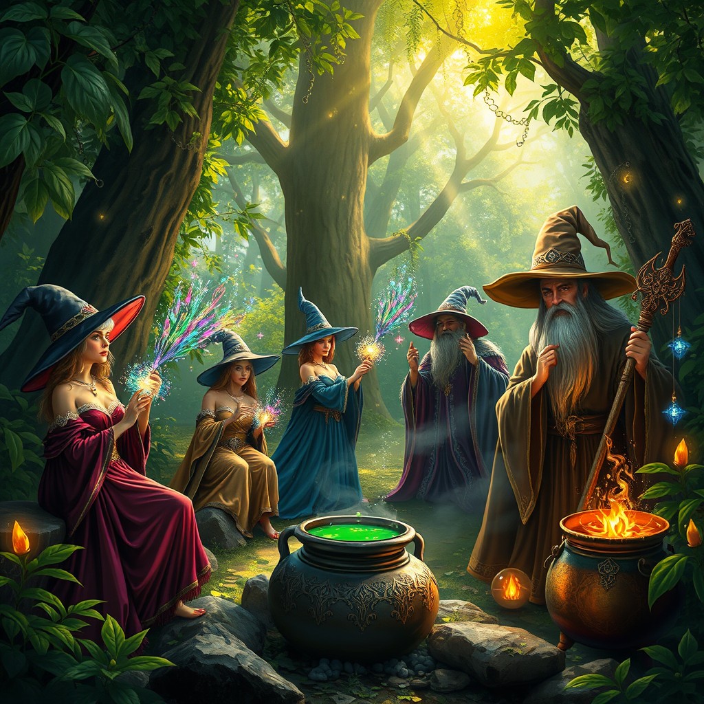 A captivating scene depicting witches and wizards in an enchanted forest, lush greenery all around with sparkling magical elements