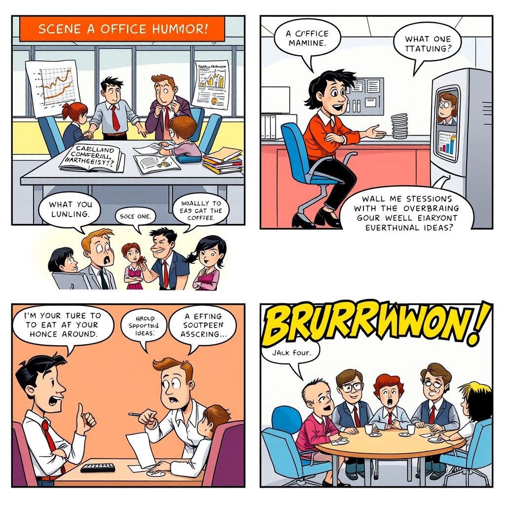 A vibrant comic strip featuring hilarious situations in a corporate office environment