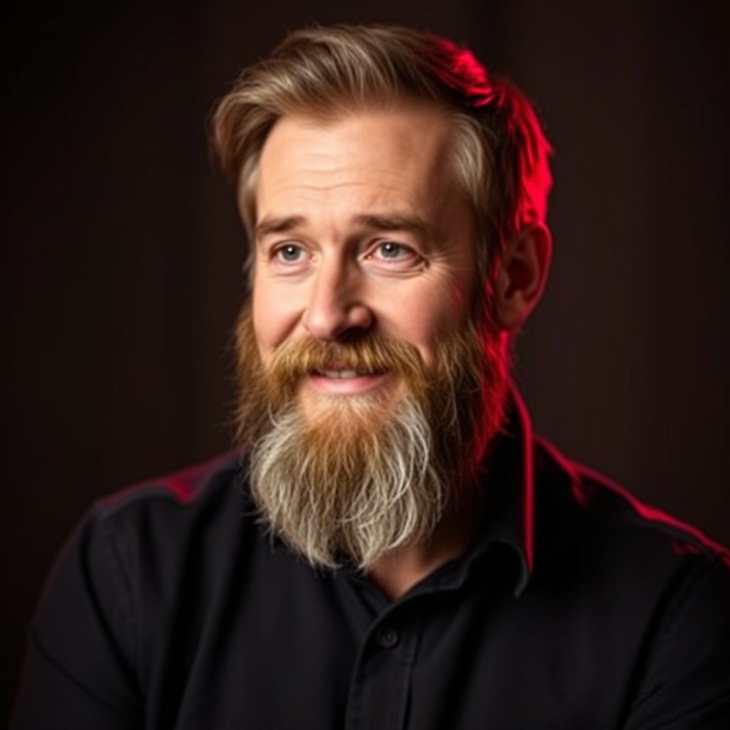 A portrait of a storyteller depicted in a dimly lit studio, dressed neatly with a well-groomed beard
