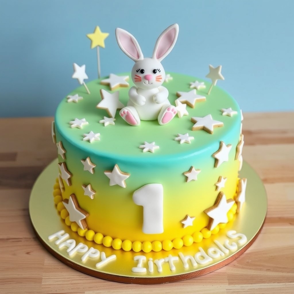 A vibrant yellow and turquoise birthday cake for a one-year-old, adorned with white gingerbread stars