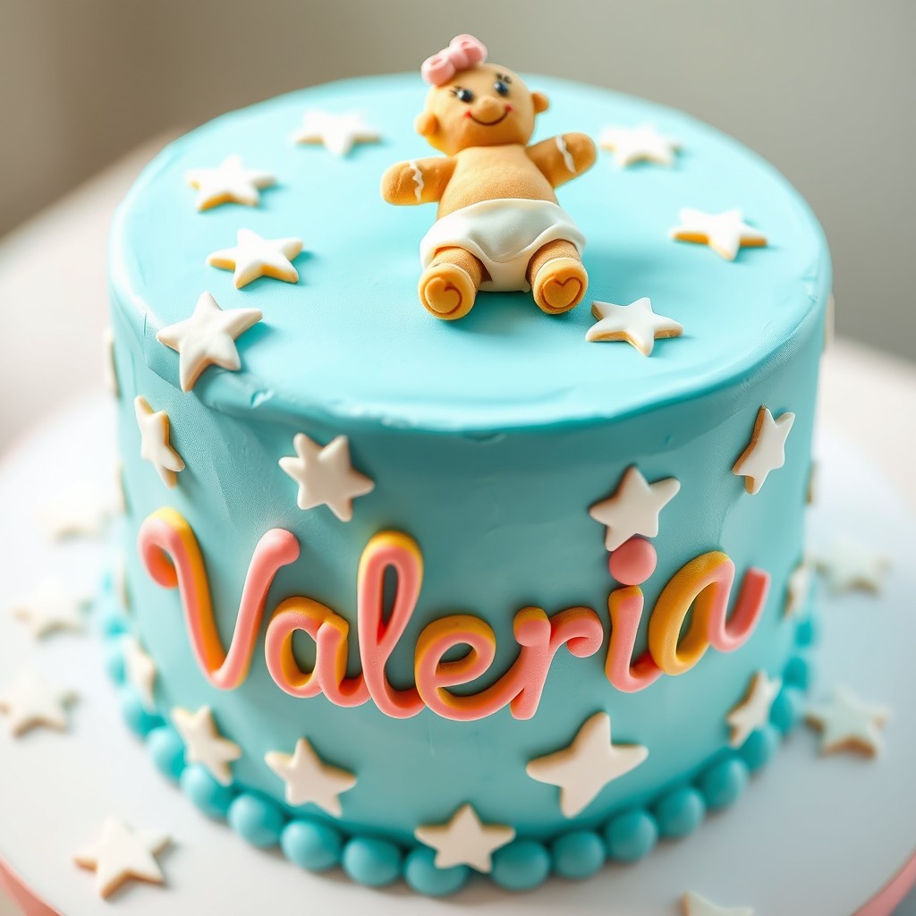 A beautiful turquoise birthday cake for a one-year-old, featuring a fondant number one in bright colors