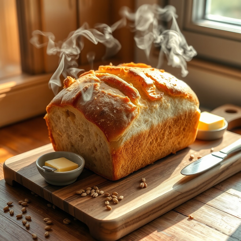 A freshly baked loaf of golden brown bread, with a crispy crust and a soft, fluffy interior, set on a rustic wooden cutting board