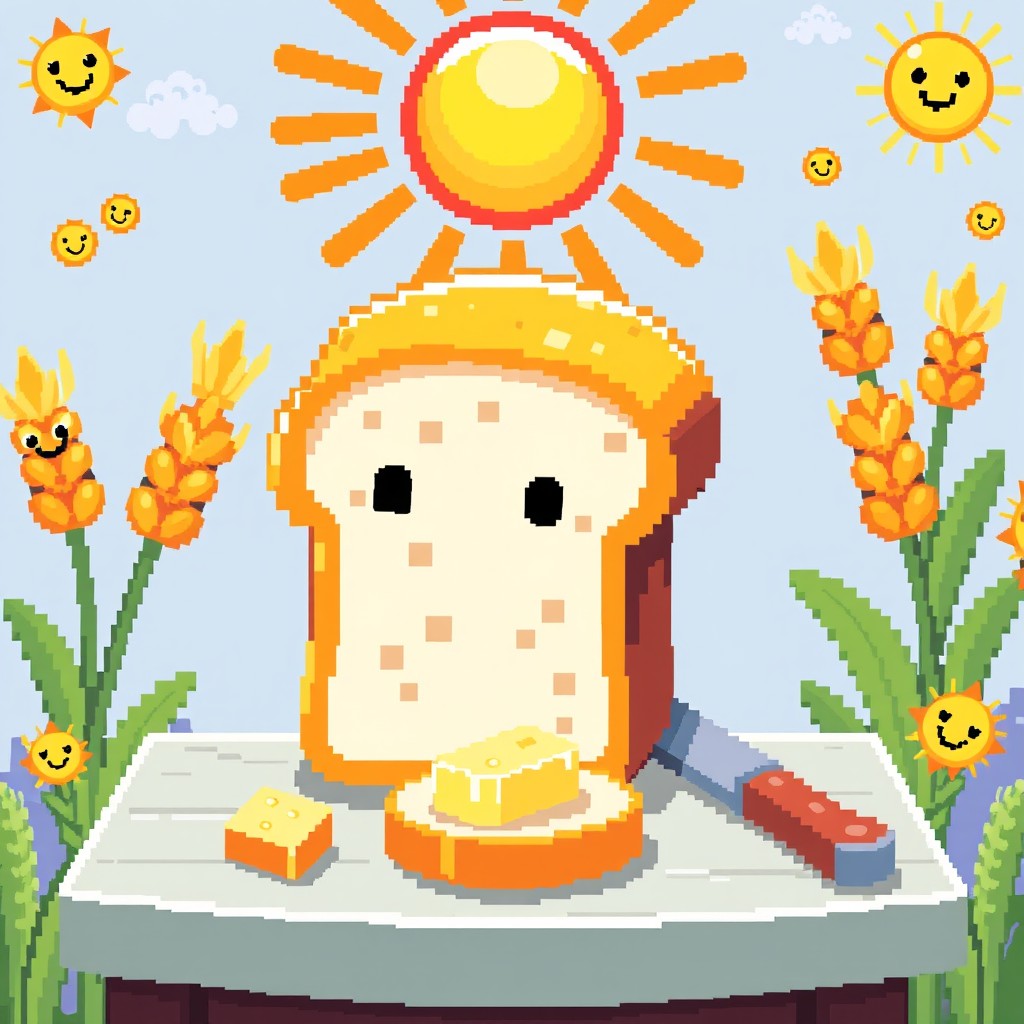 A whimsical pixel art representation of a loaf of bread, featuring vibrant colors and a playful design