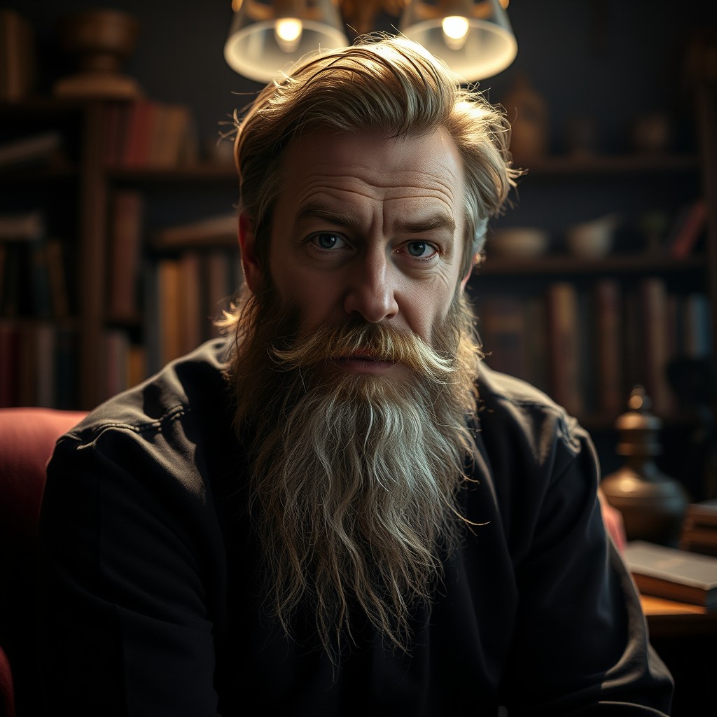 A captivating portrait of a male storyteller with a well-groomed beard, sitting in a dimly lit studio