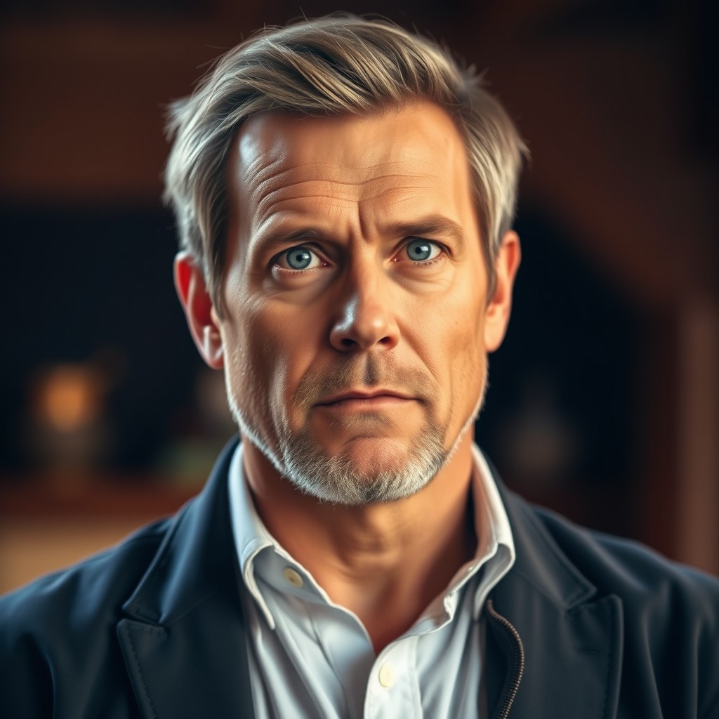 A striking portrait of a male storyteller, showcasing his expressive features and intense gaze