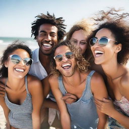 A multi-cultural group of friends, laughing and enjoying a summer day at the beach. The weather is warm, with clear skies and sparkling sea waters.