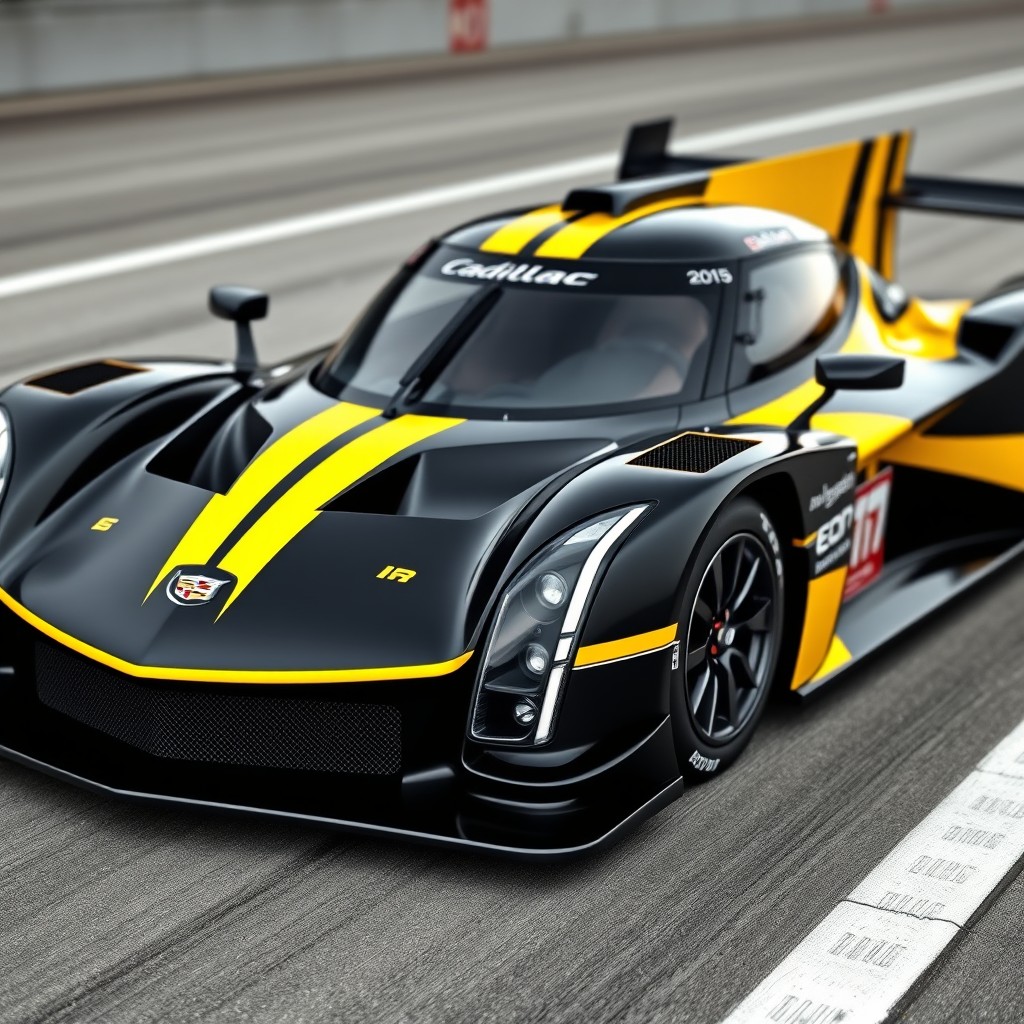 A sleek and powerful 2015 Cadillac LMP1 race car in a striking black and yellow color scheme
