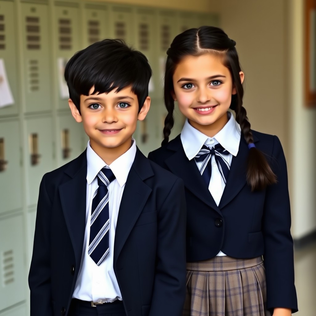 Two twins, one boy and one girl, with striking black hair and vibrant green eyes