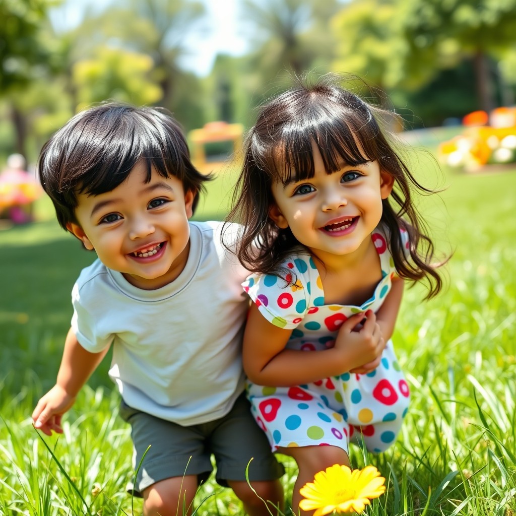 Two adorable 3-year-old twins, a boy and a girl, with soft black hair and sparkling green eyes