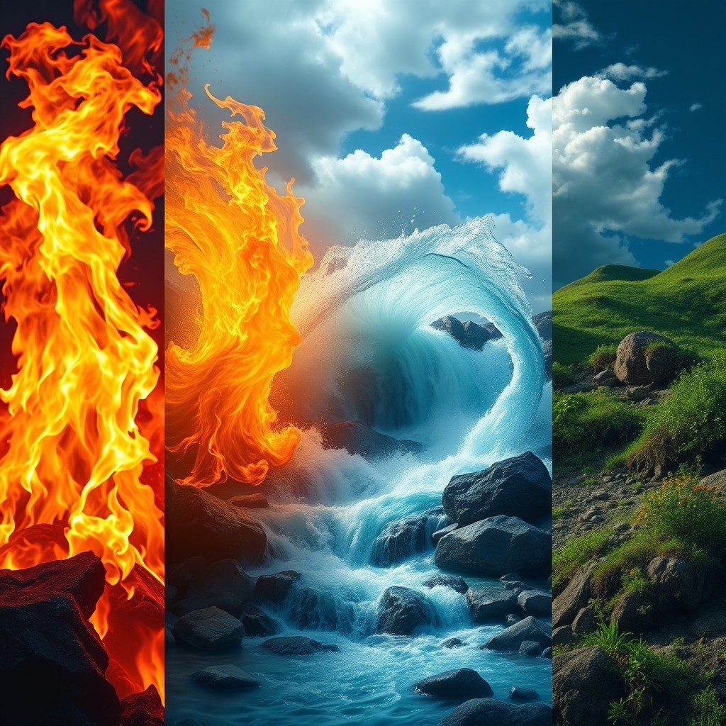 A powerful representation of the four classical elements: fire, water, earth, and air