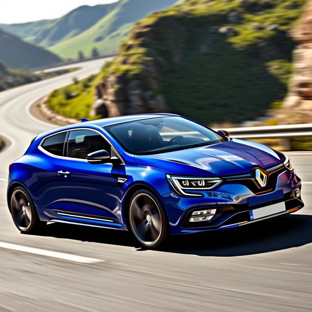 A dynamic and sleek Renault Megane GT in a vibrant blue sports color, showcasing its aerodynamic design and sporty features